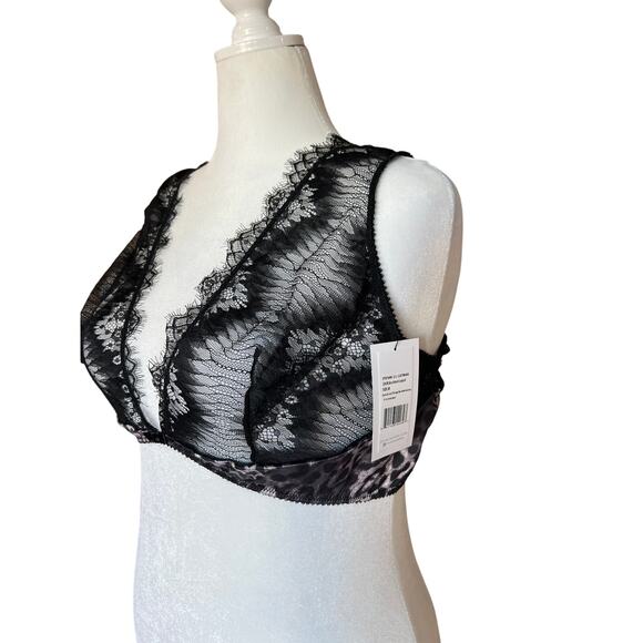 Oh La La Cheri Black Eyelash Plunge Bra with Animal Print/ Leopard Size 3X Sheer - Picture 1 of 4